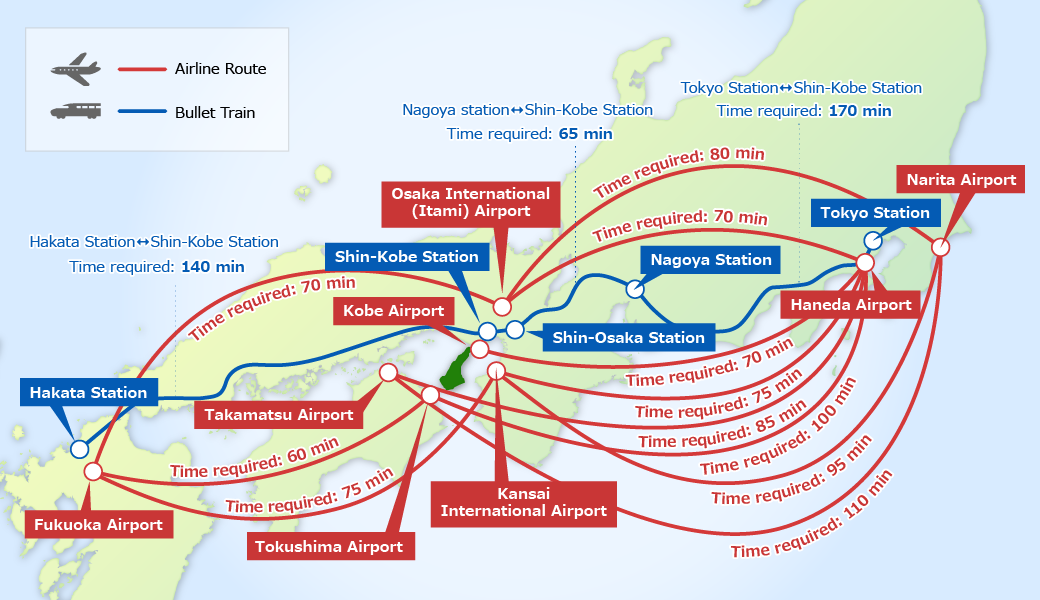 Access map by plane and bullet train