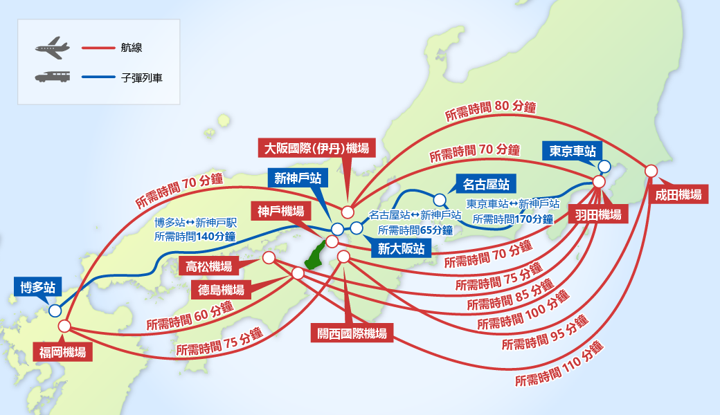 搭乘飛機和新幹線的交通地圖